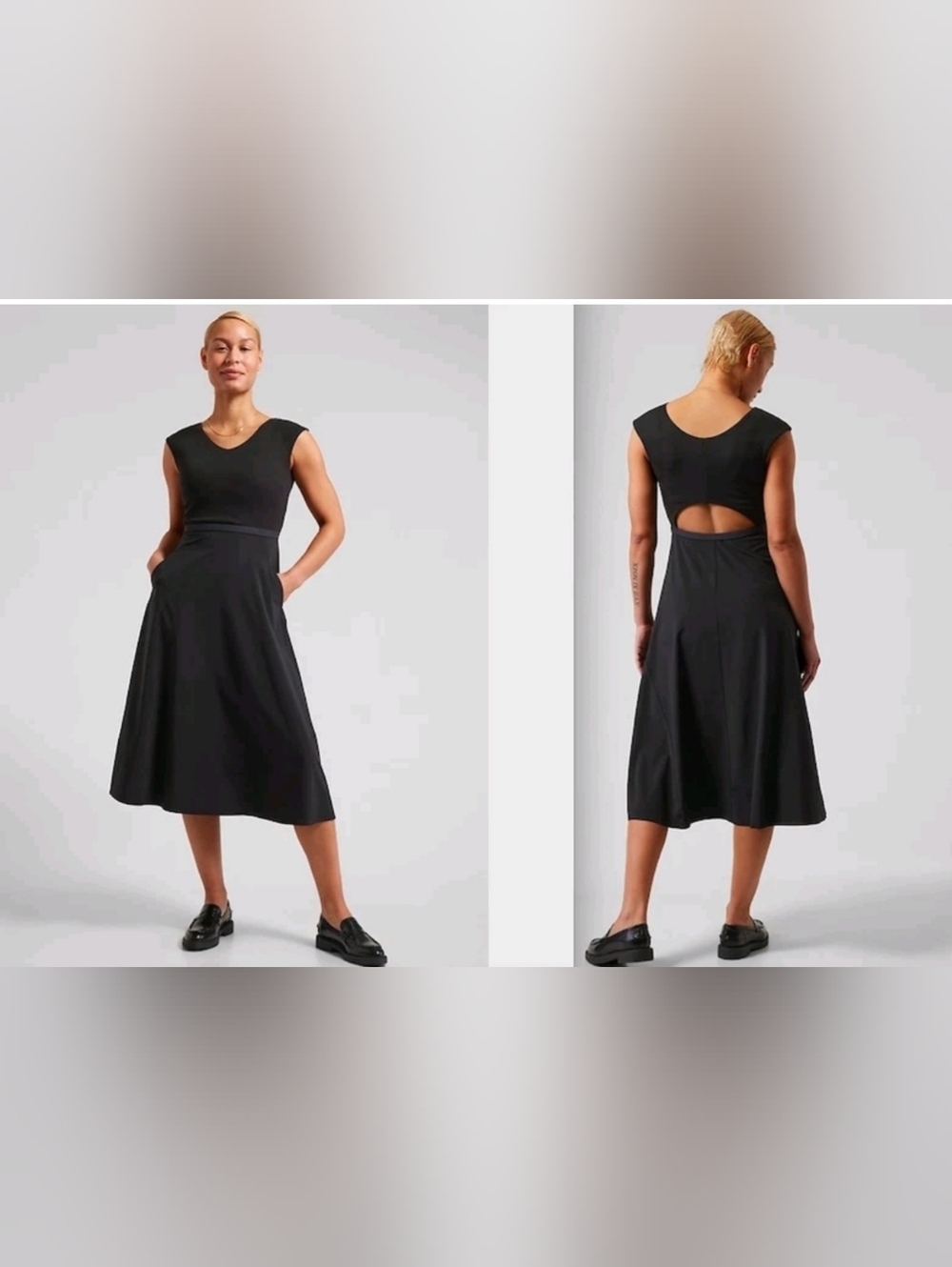 Athleta Black Cap-Sleeve Midi Dress with Back Cutout